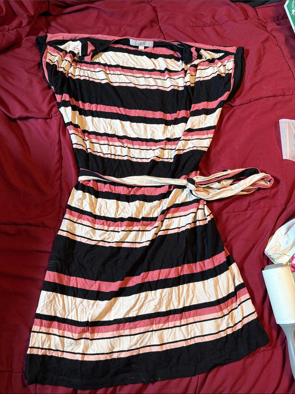 LOFT Black, Pink, and Cream Striped Midi Dress with Tie Waist